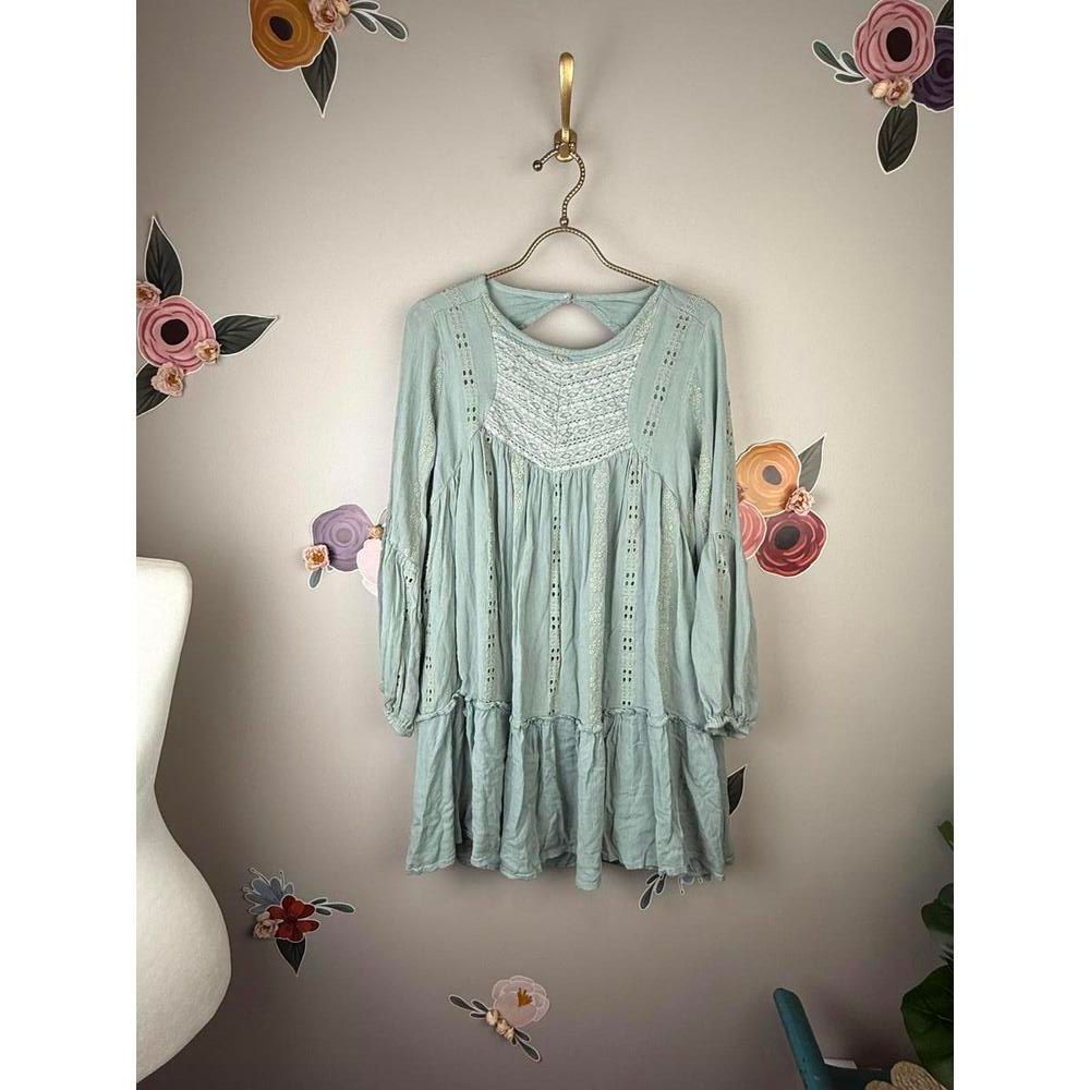 Bardi Embroidered Light Blue Long Sleeve Mini Boho Mini Dress - Size Large